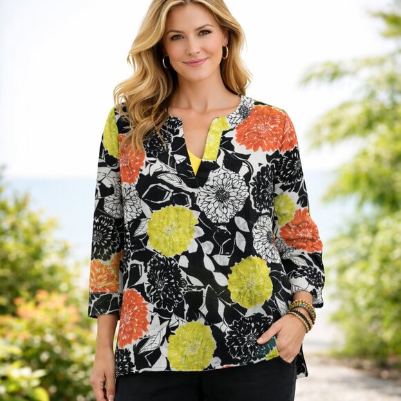 Lafayette 148 NY Blouse 8 Floral Cotton Long Sleeve Boho Luxe Designer Chic